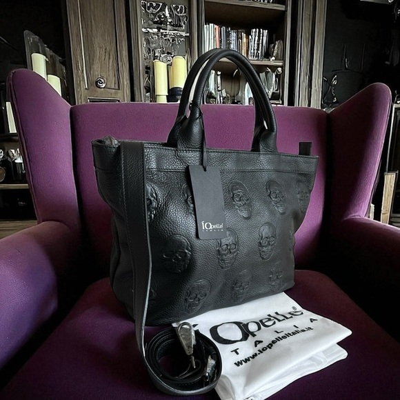 io pelle Handbags - IO Pelle Italy Black Leather Skulls Tote Bag Large